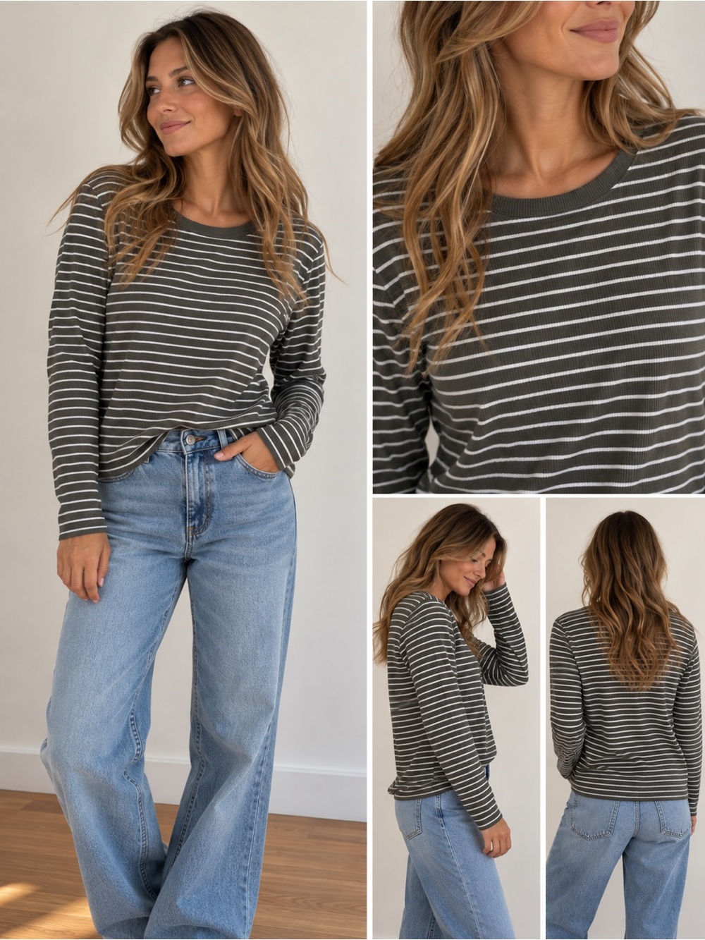 Striped Long-Sleeve Crewneck Top in Olive/White